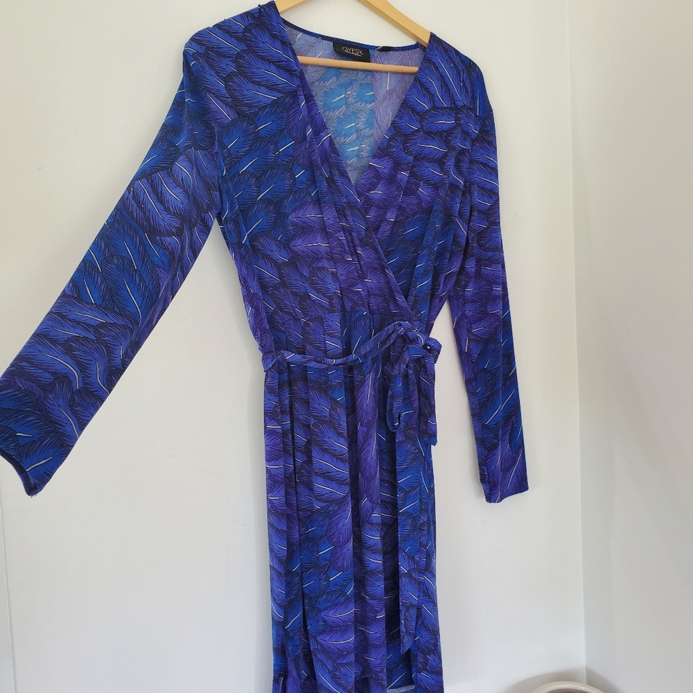 MARA HOFFMAN GYPSY M Blue Feather Print Faux Wrap 39" Dress LS Party Office EUC - Picture 3 of 13